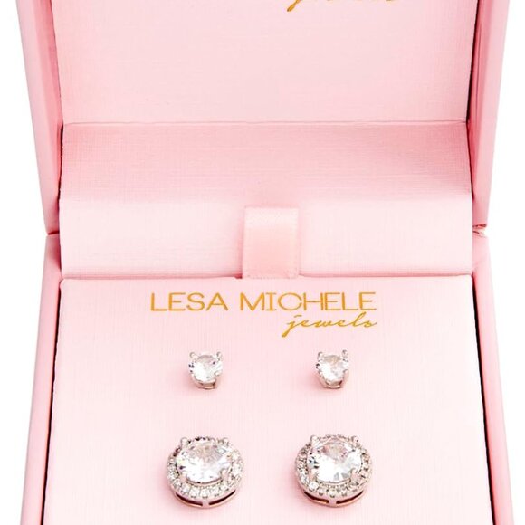 Silver Rhodium Plated Cubic Zirconia Stud Earrings for Women, 2-Pair Set, Elegan - Picture 5 of 5